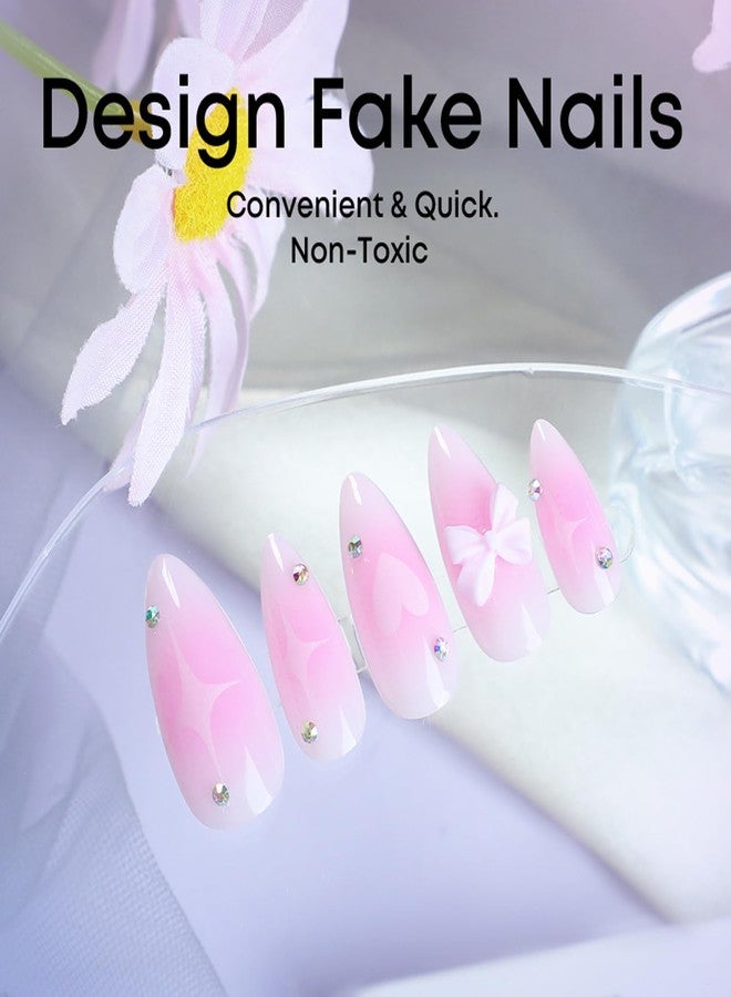 BSBTBZ Pink Gradient Press on Nails Fake Nails Almond-shaped blush Bow Star with Rhinestones Design Glossy Stick on Nails Acrylic Artificial Nails Oval False Nails for Women Girls DIY Manicure Decoration - Image 2